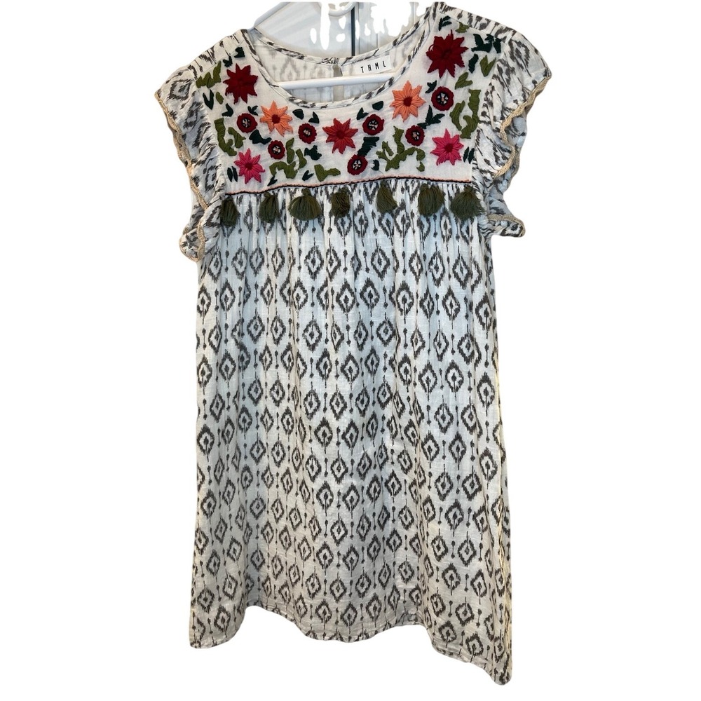 THML Embroidered Boho Mini Dress Womens Small Floral Tassel Peasant Shift